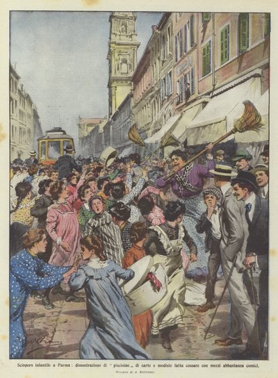 Barnestreik i Parma, demonstrasjon av syersker og svømmebasseng for møllearbeidere avsluttet med ganske komiske midler av Achille Beltrame